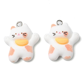 Opaque Resin Pendants, Cat Charms, with Platinum Tone Iron Loops, White, 23.5x20x6.5mm, Hole: 1.6mm
