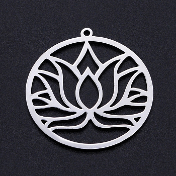 201 Stainless Steel Pendants, Filigree Joiners Findings, for Chakra, Laser Cut, Round Ring with Lotus Flower, Stainless Steel Color, 32x29.5x1mm, Hole: 1.5mm