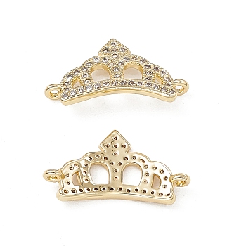 Brass Micro Pave Clear Cubic Zirconia Connetor Charms, Crown Links, Real 18K Gold Plated, 12x21x3mm, Hole: 0.8mm