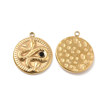 Vacuum Plating 201 Stainless Steel with Rhinestone Pendants, Flat Round with Snake Pattern Charms, Real 18K Gold Plated, 18.5x16.5x2.5mm, Hole: 1.2mm