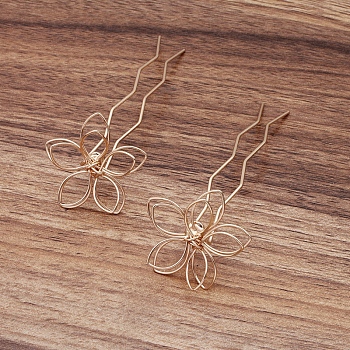 Iron Hair Fork Findings, with Flower Filigree Findings, Light Gold, 70x12x1.2mm, Filigree Findings: 35mm