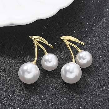 Brass Cherry Stud Earrings, with ABS Imitation Pearl, Lead Free & Cadmium Free, Long-Lasting Plated, Rack Plating, Real 18K Gold Plated, 30x24mm