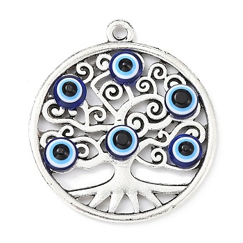 Tibetan Style Alloy Pendants, Tree of Life with Resin Evil Eye Charms, Antique Silver, Flat Round, 37x33x4mm, Hole: 2.5mm