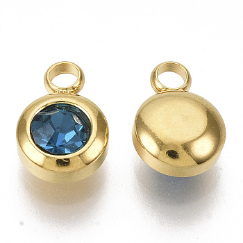 Rhinestone Charms, December Birthstone Charms, with 201 Stainless Steel, Flat Round, Golden, Capri Blue, 9x6.5x4mm, Hole: 1.8mm