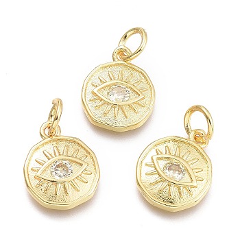 Brass Micro Pave Cubic Zirconia Pendants, with Jump Ring, Flat Round with Eye, Real 18K Gold Plated, White, 12x10x2mm, Jump Rings: 5x0.8mm, Inner Diameter: 3mm