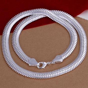 Popular Silver Color Plated Brass Flat Snake Chain Necklaces For Men, with Lobster Claw Clasps, 20 inch, 10mm