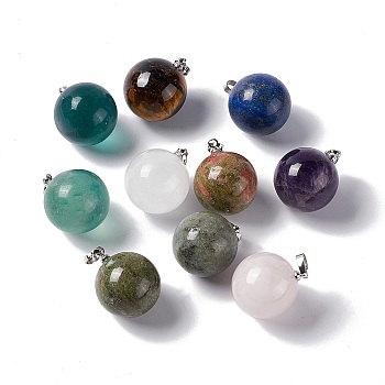 Natural & Synthetic Mixed Gemstone Pendants, with Platinum Tone Brass Findings, Round Charm, 22x18mm, Hole: 3x6mm