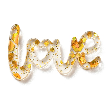 Transparent Acrylic Cabochons, with Sequin, Word LOVE, Gold, 14.5x24x2mm