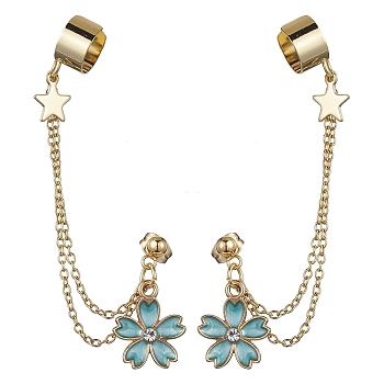 Light Gold 304 Stainless Steel Cuff Earring Chains with Rhinestone, Star & Flower Alloy Enamel Dangle Stud Earrings Crawler Earrings, Dark Turquoise, 78mm