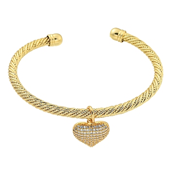 Brass Micro Pave Clear Cubic Zirconia Open Cuff Bangles, Heart Charm Bangles for Women, Real 18K Gold Plated, Inner Diameter: 2x2-3/8 inch(5.1x6cm)