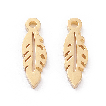 304 Stainless Steel Charms, Laser Cut, Feather, Golden, 13x4x1mm, Hole: 1.2mm