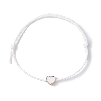 Alloy Enamel Heart Braided Bead Bracelet, Waxed Polyester Cords Adjustable Bracelet, White, Inner Diameter: 3-1/2 inch(9cm)