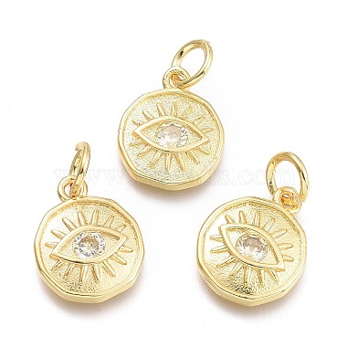 Real 18K Gold Plated White Flat Round Brass+Cubic Zirconia Charms