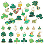 1Bag Saint Patrick's Day Alloy Enamel Pendants, Platinum & Golden, Clover/Hat/Car, with 7Pcs Clover Alloy Enamel Pendants, Green, 17.5~31x12.5~33x1.4~3.5mm, Hole: 1.4~2mm(ENAM-TA0003-88)