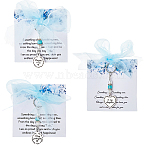 3Pcs 3 Styles 201 Stainless Steel Charm & Plastic Pearl Bead & Gauze Ribbon Bowknot Pendant Decorations, with Greeting Card, Pale Turquoise, 70~110mm, 1pc/style(AJEW-FH0009-38)