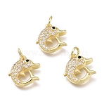 Brass Micro Pave Clear Cubic Zirconia Charms, with Jump Rings, Dolphin Shape, Golden, 14.3x13.2x3.8mm, Hole: 3.6mm(ZIRC-H100-02G)