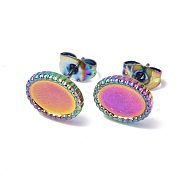 Ion Plating(IP) 304 Stainless Steel Stud Earring Findings, Oval Earring Settings, with Ear Nuts, Rainbow Color, Tray: 8x6mm, 10x8mm, Pin: 0.7mm(STAS-F286-10MC)