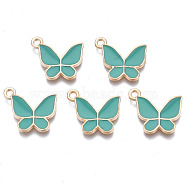 Alloy Enamel Pendants, Cadmium Free & Lead Free, Butterfly, Light Gold, Turquoise, 15x17x2mm, Hole: 1.6mm(ENAM-T016-23C-RS)