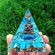 Orgonite Pyramid Resin Display Decorations, with Synthetic Turquoise Chips and Buddha Inside, for Home Office Desk, 60x60mm(PW23040682560)