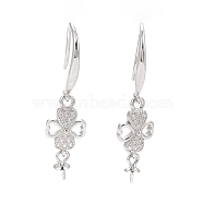 925 Sterling Silver Earring Hooks, with Clear Cubic Zirconia, Heart Clover, for Half Drilled Beads, Platinum, 30mm, Pin: 0.7mm and 0.6mm, Tray: 6x3mm(STER-D035-38P)
