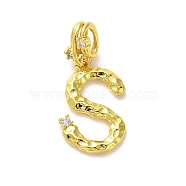 Rack Plating Brass Micro Pave Cubic Zirconia European Dangle Charms, Large Hole Letter Pendant, Real 18K Gold Plated, Long-Lasting Plated, Cadmium Free & Lead Free, Letter S, 25.5mm, Charm: 18x12x2mm, Hole: 4x2.5mm(KK-L210-015G-S)
