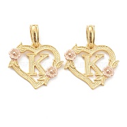 Real 18K Gold Plated Brass  Pendants, Heart with Alphabet, Letter.K, 18x20x3mm, Hole: 6.5x3mm(KK-J042-43G-K)