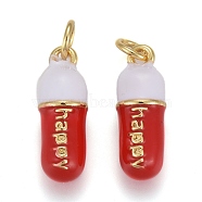 Brass Enamel Pendants, with Jump Rings, Long-Lasting Plated, Pill Bar Shape with Word Happy, Red, Real 18K Gold Plated, 17x6mm, Hole: 3mm(KK-F821-51B-G)
