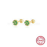 Real 18K Gold Plated 925 Sterling Silver Flower Stud Earrings, with Cubic Zirconia, Green, 5mm(TL5591-10)
