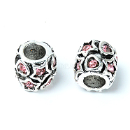 Zinc Alloy Rhinestone European Beads, Large Hole Beads, Rondelle, Antique Silver, Light Rose, 10x10mm, Hole: 4.5mm(PALLOY-TAC0024-03B)