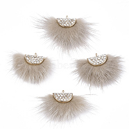 Faux Mink Fur Tassel Pendant Decorations, with Rhinestone and Alloy Findings, Fan, Golden, Tan, 24~28x29~34x8mm, Hole: 1.5mm(FIND-T040-13)