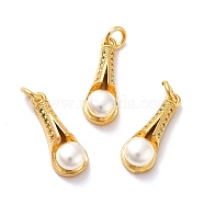 Rack Plating Brass Micro Pave Cubic Zirconia Pendants, with Pearl Beads and Jump Rings, Teardrop, Golden, 19x7x6mm, Hole: 3mm(KK-I688-18G)