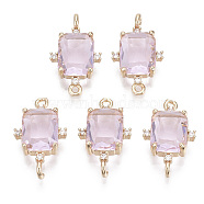 Glass Links connectors, with Brass Micro Pave Cubic Zirconia, Faceted, Rectangle, Light Gold, Pink, 20x12x5.5mm, Hole: 1.2mm(X-GLAA-T021-12F)