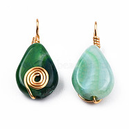 Natural Agate Pendants, with Light Gold Plated Brass Findings, Teardrop Charm, Dyed & Heated, Dark Green, 27~29x12.5~13.5x6~7mm, Hole: 4mm(G-N326-137-03)