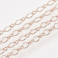 Brass Figaro Chains, Figure 8 Chains, with Spool, Soldered, Rose Gold, 4x3.7x0.4mm and 3.5x2x0.4mm, about 100yard/roll(CHC-S007-08RG)