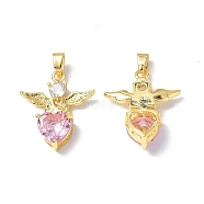 Brass Rhinestone Pendants, Real 18K Gold Plated, Heart with Wing Charms, Light Rose, 22x19x5mm, Hole: 4x2mm(KK-P223-21G-01)