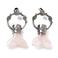 Natural Rose Quartz Whale Tail Big Pendants, Rack Plating Antique Silver Plated Alloy Fish Ring Charms, Cadmium Free & Lead Free, 56~57x29x12.5~13mm, Hole: 6.5x6mm(G-Q163-03AS-05)