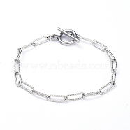 304 Stainless Steel Textured Paperclip Chain Bracelets, with Toggle Clasps, Stainless Steel Color, 7-5/8 inch(19.5cm)(BJEW-JB05112)