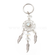 Opalite Keychain, with Iron, 304 Stainless Steel & Alloy Findings, Woven Net/Web with Feather, 11.4~11.8cm(KEYC-JKC00346-08)