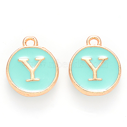 Golden Plated Alloy Enamel Charms, Cadmium Free & Lead Free, Enamelled Sequins, Flat Round with Letter, Turquoise, Letter.Y, 14x12x2mm, Hole: 1.5mm(ENAM-S118-05Y)