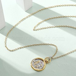 Brass Twelve Constellations Tarot Pendant Necklaces, Flat Round, Real 18K Gold Plated, Gemini, 17.72 inch(45cm)(NJEW-Q006-01E-G)