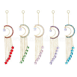 Natural Gemstone Pendant Decorations, with Glass Beads and 304 Stainless Steel Split Rings, Moon & Star, 233~234mm(HJEW-JM01130)