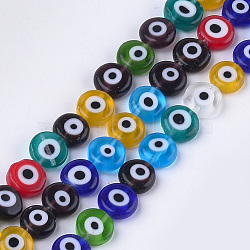 Handmade Evil Eye Lampwork Beads Strands, Flat Round, Mixed Color, 7.5~8x3~4mm, Hole: 1mm, about 48pcs/strand, 13.7 inch~14.9 inch(LAMP-S191-01B-03)