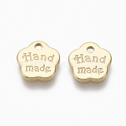 Brass Charms, Nickel Free, Flower, with Words Handmade, Real 18K Gold Plated, 8x8x1mm, Hole: 1.2mm(KK-R132-076-NF)