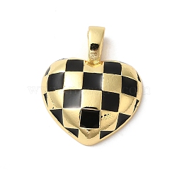 Rack Plating Brass Enamel Pendants, Long-Lasting Plated, Cadmium Free & Lead Free, Heart with Tartan Pattern Charm, Real 18K Gold Plated, Black, 20x17x5mm, Hole: 4x2mm(KK-Z056-41G-01)