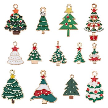 52Pcs 13 Style Alloy Enamel Pendants, for Christmas, Christmas Tree, Light Gold, Mixed Color, 20~30x11~21.5x1~4mm, Hole: 1.5~2mm, 4pcs/style