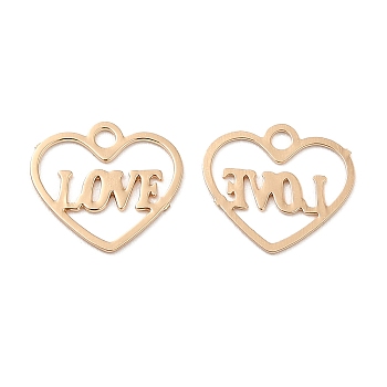 Long-Lasting Plated Brass Charms, Hollow Heart with Word Love Charm, Light Gold, 8x9x0.3mm, Hole: 1.2mm