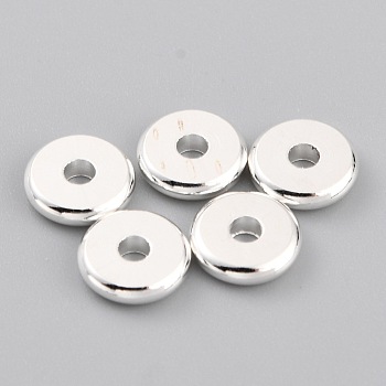 Brass Beads, Long-Lasting Plated, Disc/Flat Round, Heishi Beads, 925 Sterling Silver Plated, 7x1.5mm, Hole: 1.8mm