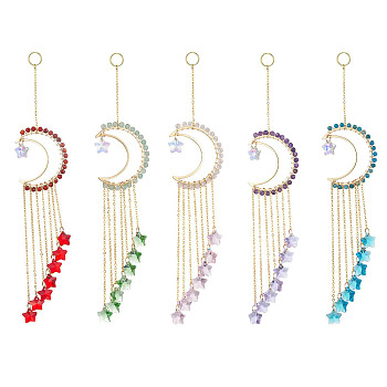 Natural Gemstone Pendant Decorations, with Glass Beads and 304 Stainless Steel Split Rings, Moon & Star, 233~234mm