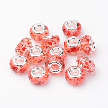 Resin European Beads, Large Hole Rondelle Beads, with Brass Cores, Silver, Red, 14x9mm, Hole: 4.5mm