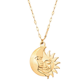 Golden Stainless Steel Pendant Necklace, Sun, Moon, 19.69 inch(50cm), Pendant: 31.5x25mm